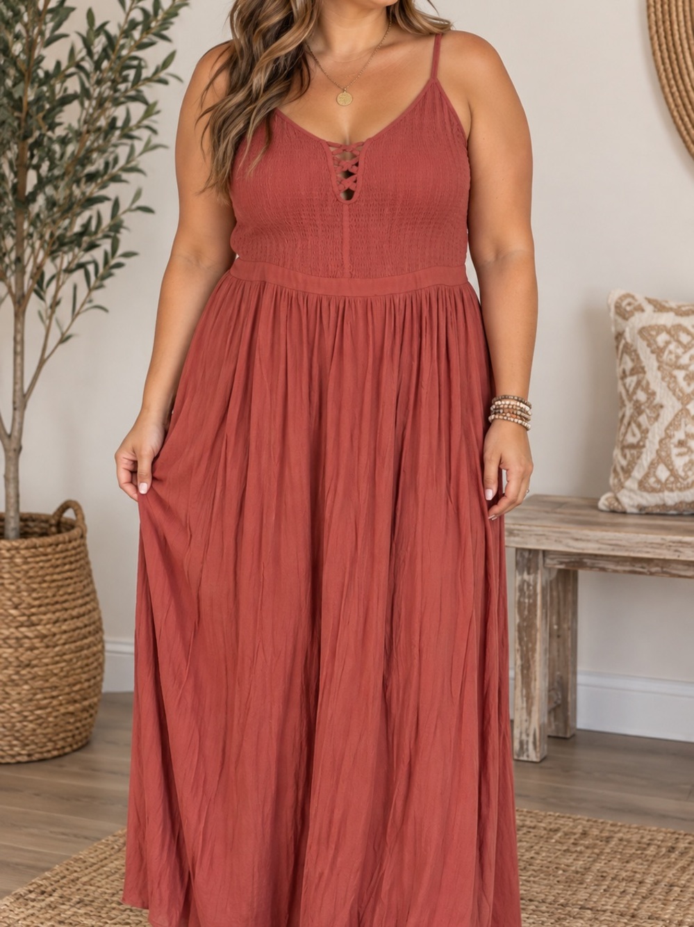 City Chic Rust Smocked Lace-Up Maxi